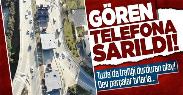 Tuzla’da dev gemi parçaları tırlarla taşındı! Yol 2 gün trafiğe kapatıldı! O anlar havadan görüntülendi