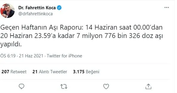Son dakika: Sağlık Bakanı Fahrettin Koca açıkladı: 1 haftada 7 milyon 776 binden fazla doz aşı yapıldı-2