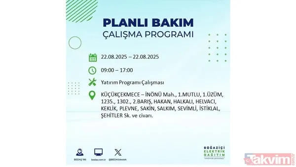 İstanbul'da 19 ilçede elektrik kesintisi! BEDAŞ İLÇE İLÇE listeledi: 22 Ağustos Cuma günü 8 saat yok - 9