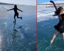 Milli sporcudan Çıldır Gölü’nde buz pateni gösterisi!
