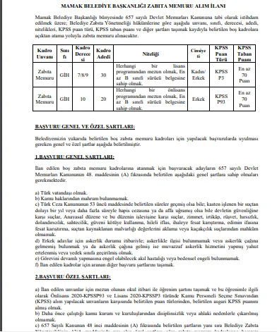 5 Ekim zabıta alım ilanları - 4000 TL ve 4.500 TL maaşla belediyelere zabıta memur alımı yapılıyor-4