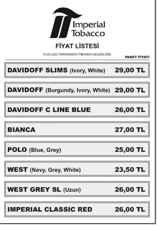 10-mayis-imperial-tobacco-sigara-zammi-fiyat-listesi-davidoff-davidoff-slims-bianca-polo-west-imperial-classic-1652170500538.jpg Davidoff, Davidoff slims, Bianca, Polo, West, Imperial Classic Red sigara fiyatları kaç TL oldu? Mayıs 2022 Imperial Tobacco sigara zammı fiyat listesi!-1