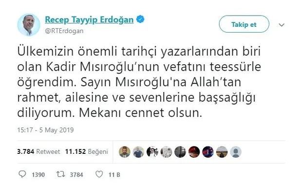 Başkan Erdoğan, Kadir Mısıroğlu'nun ailesi ve sevenlerine başsağlığı diledi-1