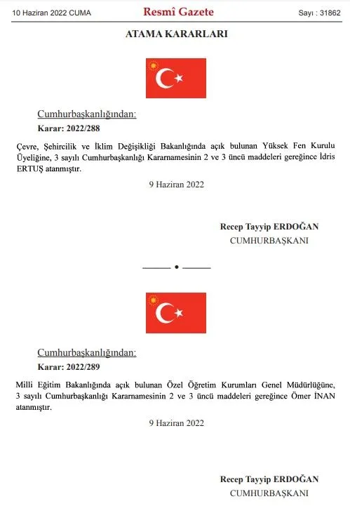 Başkan Recep Tayyip Erdoğan'ın imzasıyla yayımlanan Resmi Gazete'de atama kararları yer aldı-1