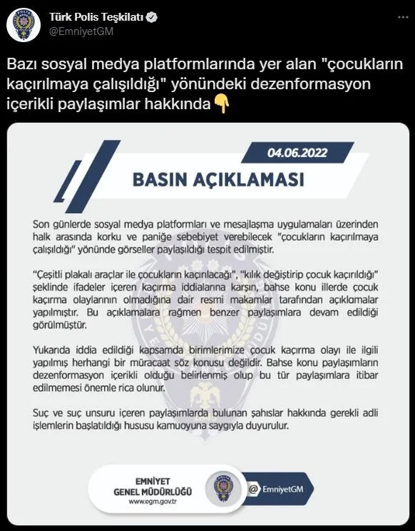 EGM'den 'çocuk kaçırma' provokasyonuyla ilgili flaş açıklama: Adli işlemler başlatıldı!-1