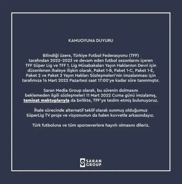 Süper Lig yayın ihalesinde flaş gelişme! Saran Group ve TRT'den açıklama geldi-2