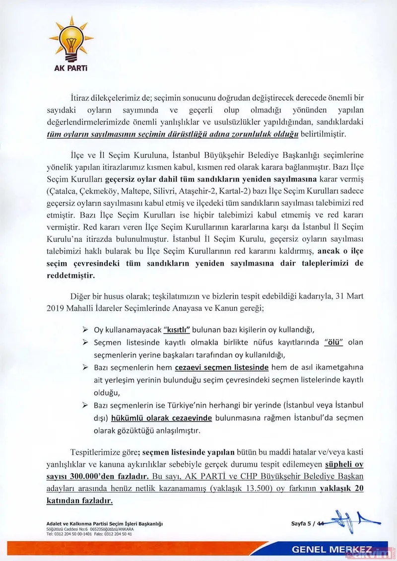 İÅte  AK Parti İstanbul seçimlenin iptali için YSK'ya verdiÄi 44 sayfalık olaÄanüstü itiraz dilekçesi