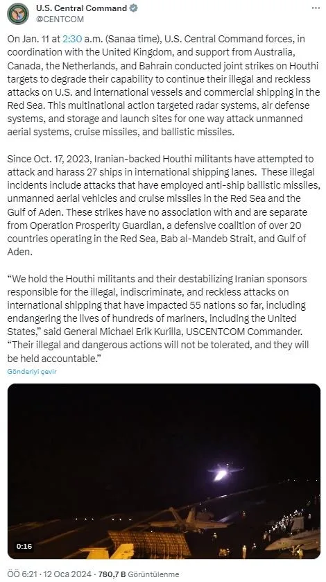 SON DAKİKA I ABD ve İngiltere Yemen’e saldırı başlattı! Biden ve Sunak'tan peş peşe açıklamalar... Husilerden Kızıldeniz'de misilleme-10