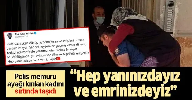 Tokat Emniyet Müdürlüğü’nde görevli polis, ayağı kırılan kadını sırtında taşıdı! Hep yanınızdayız ve emrinizdeyiz