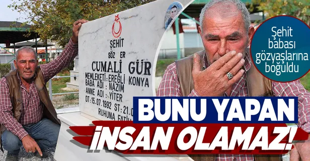 Şehit Cumali Gür'ün mezarının bayrak direğini çaldılar! Baba Gür gözyaşlarına boğuldu: Bunu yapan insan olamaz
