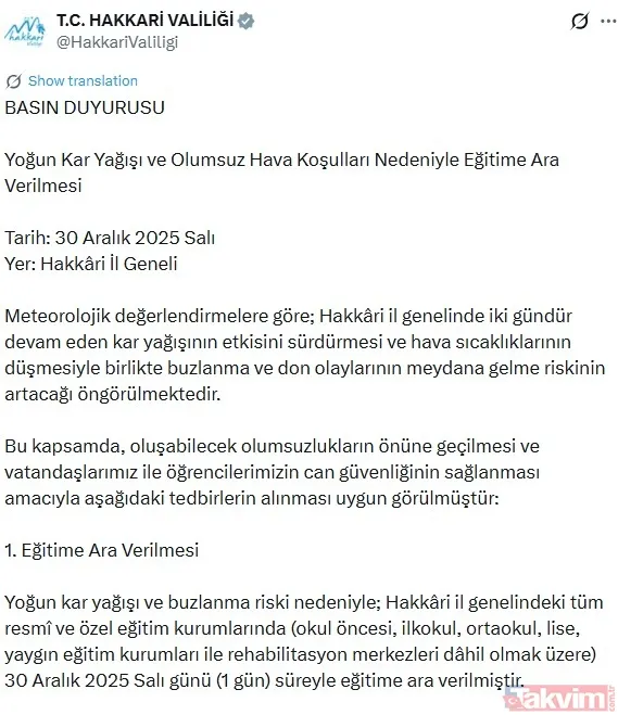 30 Aralık Kar Tatili Olan İller Hakkari: İl Genelindeki Tüm Okullar Ve Rehabilitasyon Merkezleri 1 Gün Süreyle Tatil Edildi