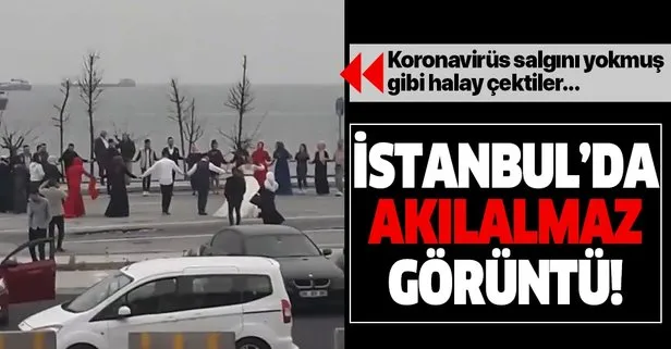 İstanbul Zeytinburnu’nda akılalmaz görüntü: ’Evde kalın’ uyarılarına rağmen gelin ve damat sahilde halay çekti