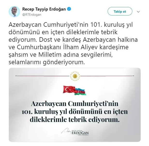 Başkan Erdoğan Azerbaycan Cumhuriyeti'nin 101. kuruluş yıl dönümünü kutladı-1