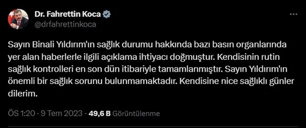 Sağlık Bakanı Fahrettin Koca'dan Binali Yıldırım açıklaması: "Önemli bir sağlık sorunu bulunmamaktadır"-3