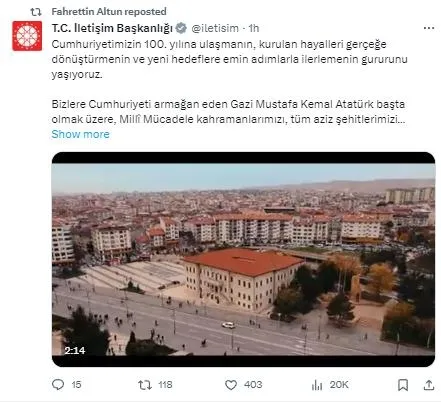 Başkan Erdoğan'dan "Cumhuriyetin 100’üncü yıl dönümü" mesajı: Cumhuriyetimizi daha da güçlendirerek yeni asrına hazırlamanın gayreti içindeyiz-24