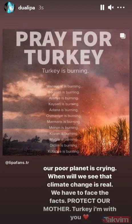 Dünyaca ünlü isimler orman yangınlarının ardından Türkiye’ye destek oldu! Paylaşımlar peş peşe geldi Dua Lipa, Bella Hadid, Inna... - 1