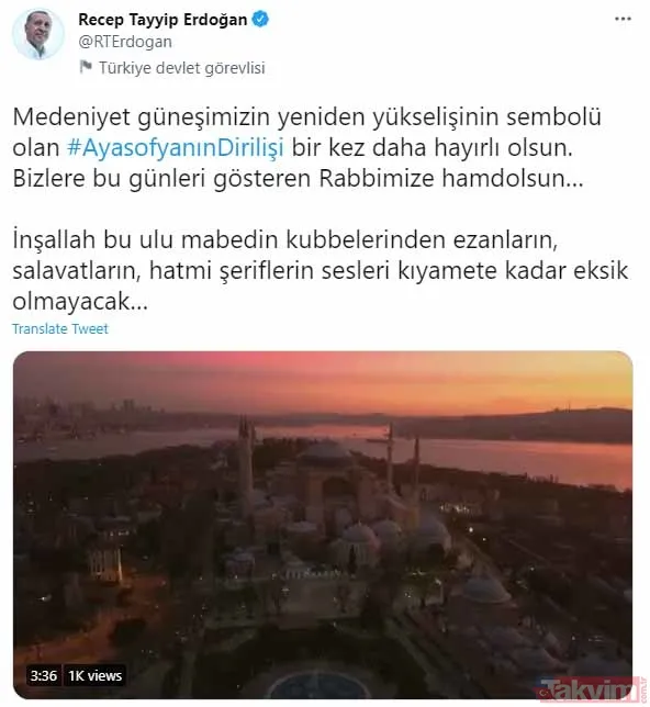 Başkan Erdoğan'dan Ayasofya paylaşımı: Ezanların, salavatların, hatmi şeriflerin sesleri kıyamete kadar eksik olmayacak